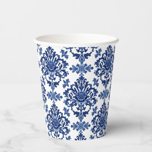Luxury Royal Blue and White Baroque Floral Pattern 紙コップ (裏面)