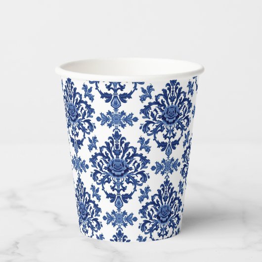 Luxury Royal Blue and White Baroque Floral Pattern 紙コップ (正面)