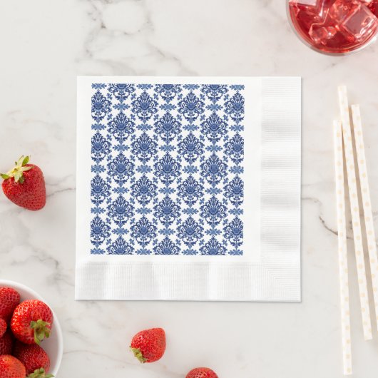 Luxury Royal Blue and White Baroque Floral Pattern 縁ありランチョンナプキン (インサイチュ)