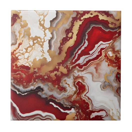 Luxury Ruby Red Gold Liquid Marble Agate Fluid Art タイル (正面)
