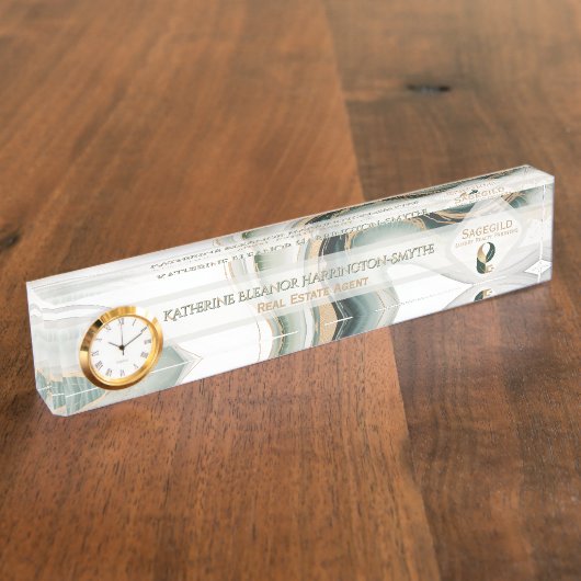 Luxury Sage Gold Marble Plus Clock Realtor Office デスクネームプレート (側面)