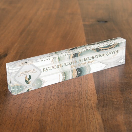 Luxury Sage Gold Marble Sleek Realtor Office Logo  デスクネームプレート (側面)