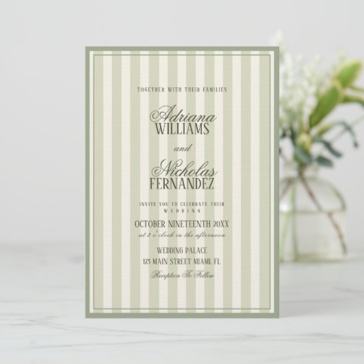 Luxury Sage Green Striped Wedding 招待状 (スタンド正面)