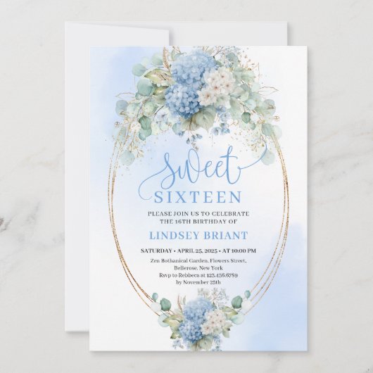 Luxury Script Blue Hydrangeas Sweet Sixteen Invite 招待状 (正面)
