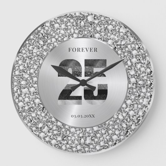Luxury Silver 25th Anniversary Black & Gray Glitte ラージ壁時計 (正面)