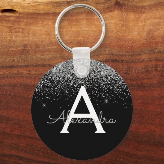 Luxury Silver Black Glitter Monogram キーホルダー (正面)