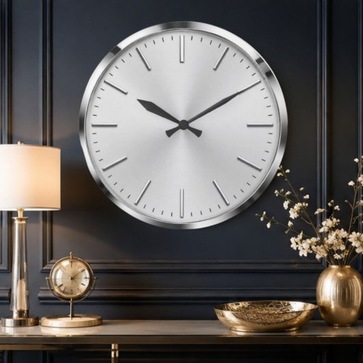 Luxury Silver Minimalist Modern Brushed Metal ラージ壁時計