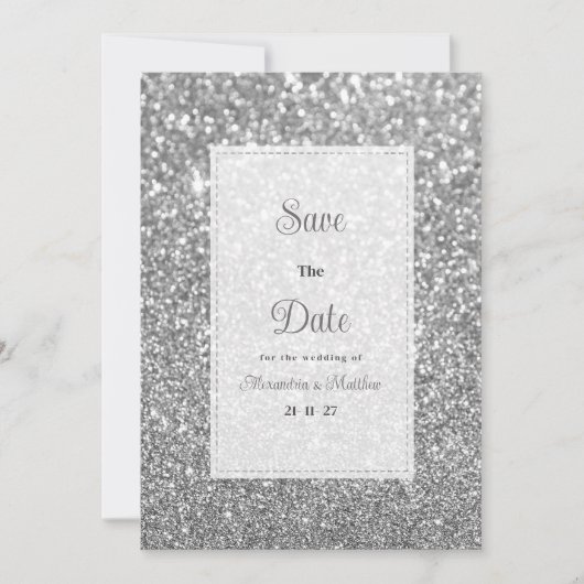 Luxury silver sparkly glitter glam Save The Date  招待状 (正面)