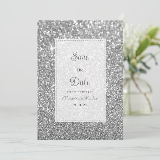 Luxury silver sparkly glitter glam Save The Date  招待状 (スタンド正面)