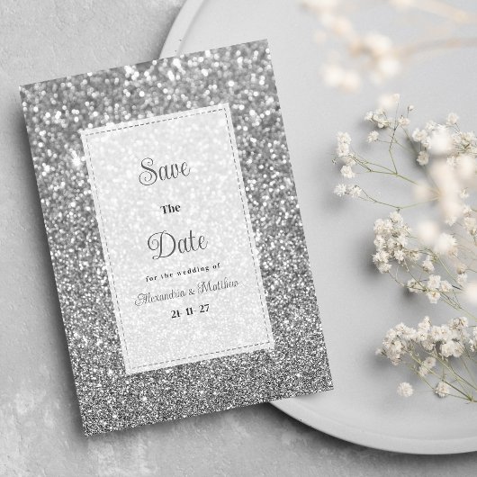 Luxury silver sparkly glitter glam Save The Date  招待状