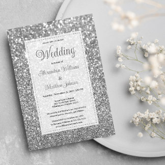 Luxury silver sparkly glitter glam Wedding  招待状