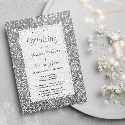 Luxury silver sparkly glitter glam Wedding  招待状