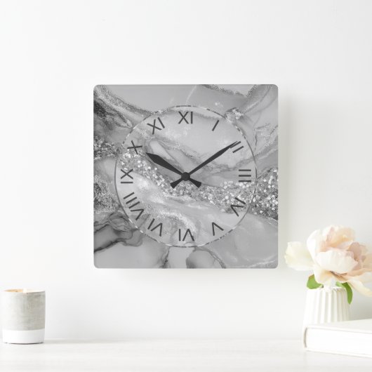 Luxury Silver & White Flowing Marble スクエア壁時計 (ホーム)