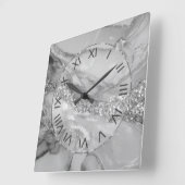 Luxury Silver & White Flowing Marble スクエア壁時計 (傾斜)