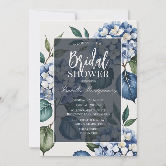 Luxury Soft Blue Hydrangea Bridal Shower 招待状 (正面)
