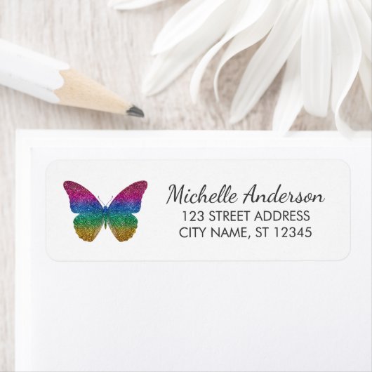 Luxury Sparkling Glitter Butterfly Return Address  ラベル (インサイチュ)