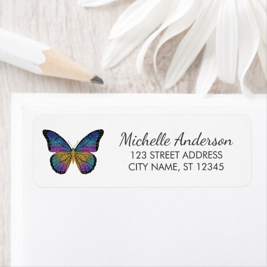 Luxury Sparkling Glitter Butterfly Return Address  ラベル (インサイチュ)