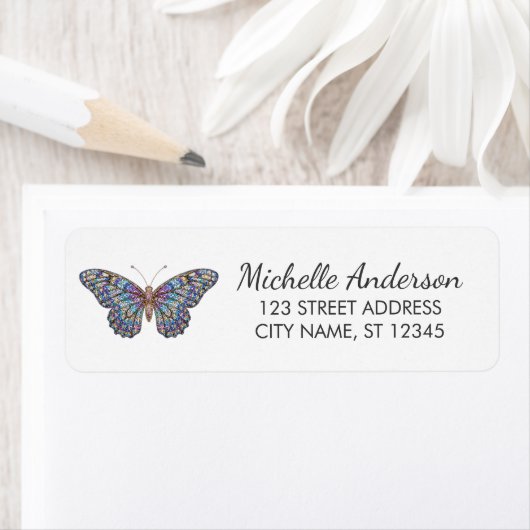 Luxury Sparkling Glitter Butterfly Return Address  ラベル (インサイチュ)