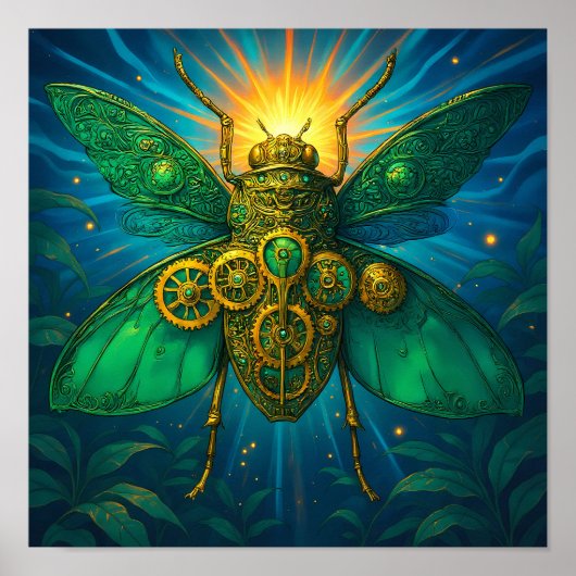Luxury Steampunk Art: Gilded Emerald Insect ポスター (正面)