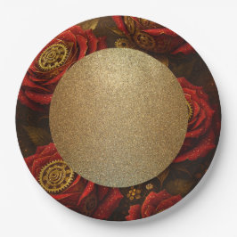 Luxury Steampunk Roses Romantic Gold Gears ペーパープレート