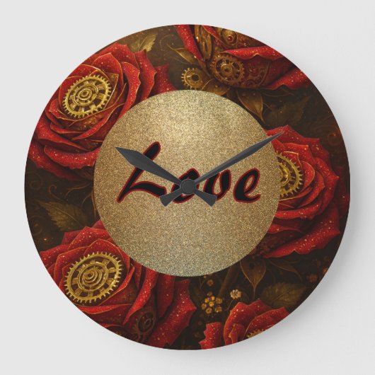 Luxury Steampunk Roses Romantic Gold Gears ラージ壁時計 (正面)