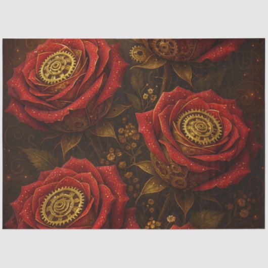 Luxury Steampunk Roses Romantic Gold Gears 薄葉紙 (正面)