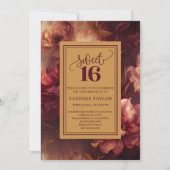 Luxury Sweet 16 Burgundy Floral Gold Invitation 招待状 (正面)