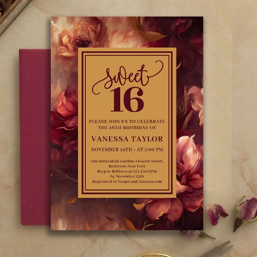 Luxury Sweet 16 Burgundy Floral Gold Invitation 招待状
