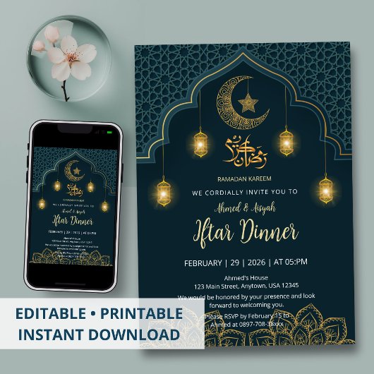 Luxury Teal and Gold Mandala Iftar Invitation 招待状