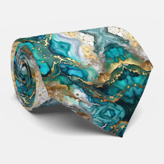 Luxury Teal and Gold Marble Fluid Art Pattern ネクタイ