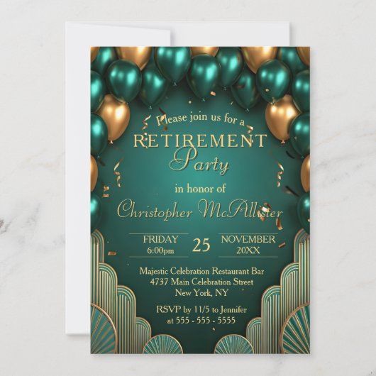 Luxury Teal Gold Balloon Art Deco Retirement Party 招待状 (正面)