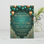 Luxury Teal Gold Balloon Art Deco Retirement Party 招待状 (スタンド正面)