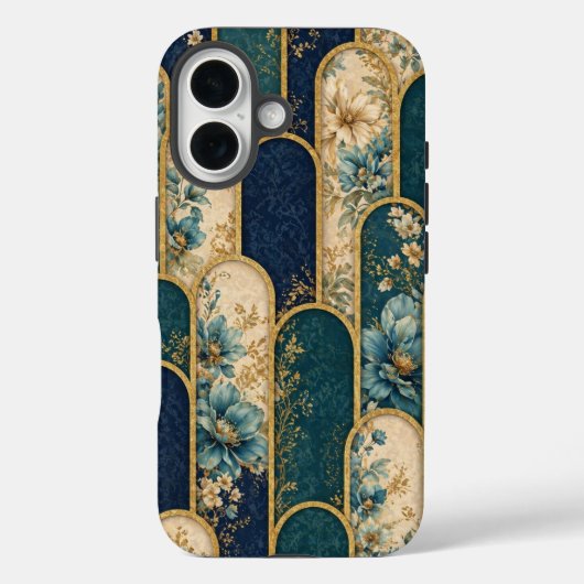 Luxury Teal & Gold Floral Pattern iPhone Case Case-Mate iPhoneケース (裏面)