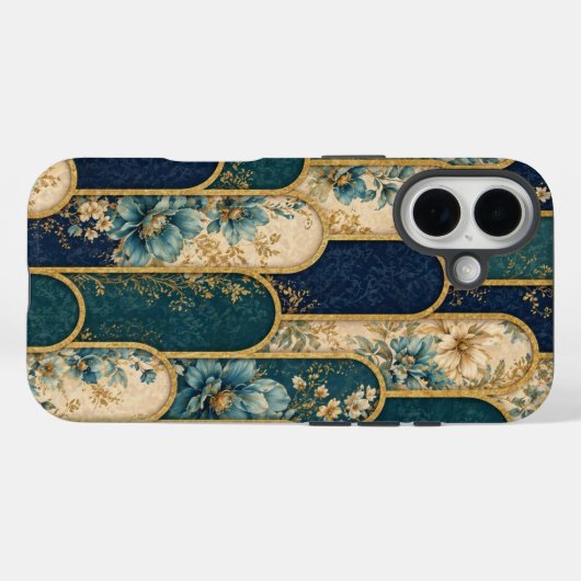 Luxury Teal & Gold Floral Pattern iPhone Case Case-Mate iPhoneケース (裏面 (横))