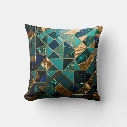 Luxury Teal Gold Geometric Mosaic Pattern クッション (正面)