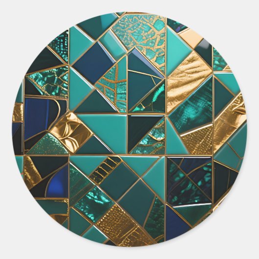 Luxury Teal Gold Geometric Mosaic Pattern ラウンドシール (正面)