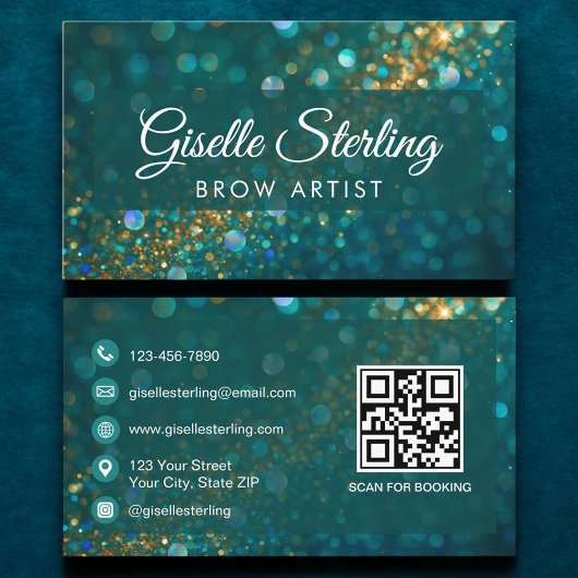 Luxury Teal Gold Glitter Brow Artist QR Code 名刺