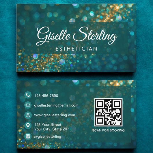 Luxury Teal Gold Glitter Esthetician QR Code 名刺