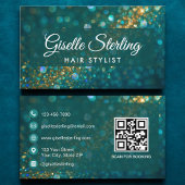 Luxury Teal Gold Glitter Hair Stylist QR Code 名刺
