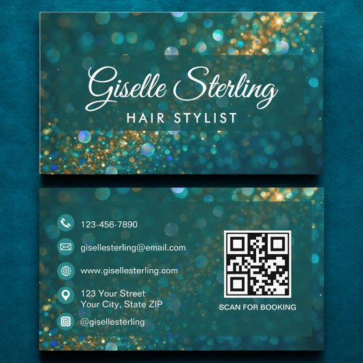 Luxury Teal Gold Glitter Hair Stylist QR Code 名刺