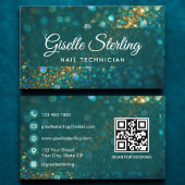 Luxury Teal Gold Glitter Nail Technician QR Code 名刺
