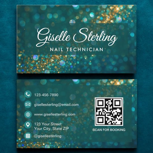 Luxury Teal Gold Glitter Nail Technician QR Code 名刺