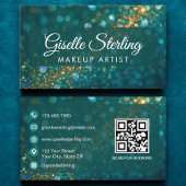 Luxury Teal Gold Glitter Opal Makeup Artist QR Cod 名刺