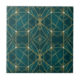 Luxury Teal & Gold Symmetrical Geometric Seamless  タイル