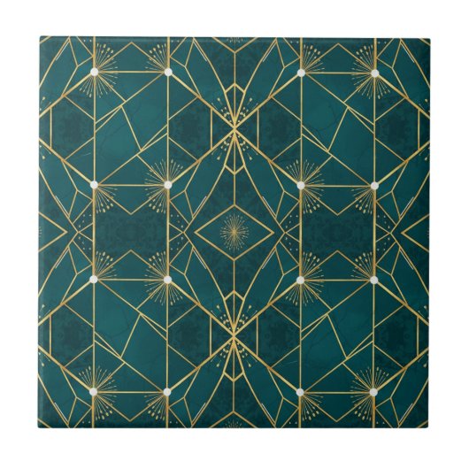 Luxury Teal & Gold Symmetrical Geometric Seamless  タイル (正面)