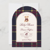 Luxury Teddy Bear Wine Red plaid Arch Baby shower 招待状 (正面)