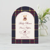 Luxury Teddy Bear Wine Red plaid Arch Baby shower 招待状 (スタンド正面)