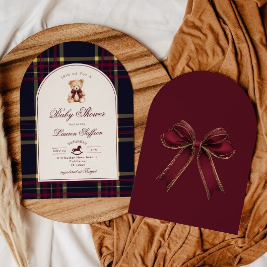 Luxury Teddy Bear Wine Red plaid Arch Baby shower 招待状