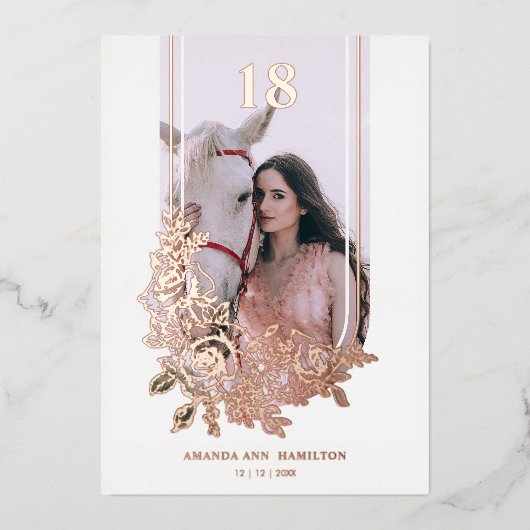 Luxury Trendy Floral Birthday Party Photo 箔招待状 (正面)