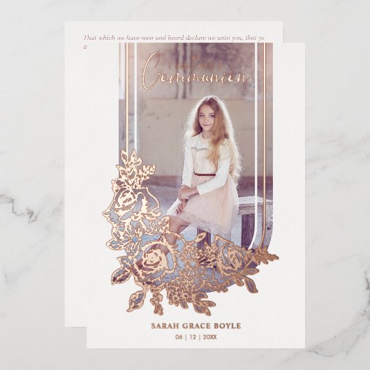 Luxury Trendy Floral My First Holy Communion Photo 箔招待状 (正面/裏面)